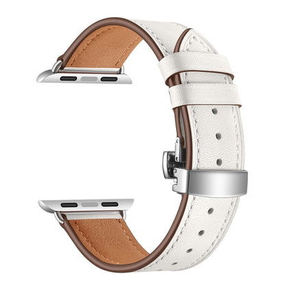 Rynx | Genuine leather + butterfly silver buckle watch band for Apple Watch Series 7 41mm / 6 & SE & 5 & 4 40mm / 3 & 2 & 1 38mm (White)