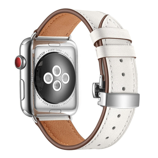 Rynx | Genuine leather + butterfly silver buckle watch band for Apple Watch Series 7 41mm / 6 & SE & 5 & 4 40mm / 3 & 2 & 1 38mm (White)