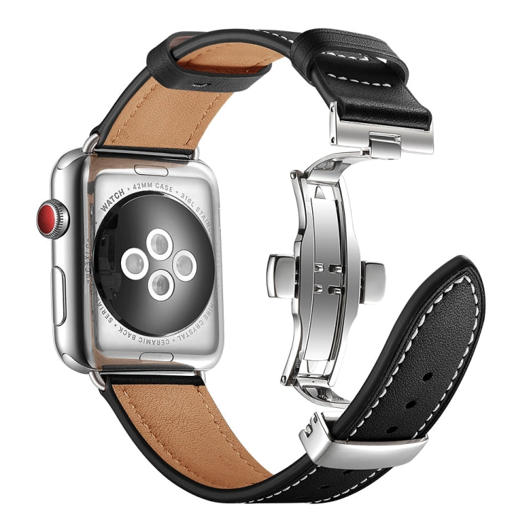 Rynx | Genuine Leather + Butterfly Silver Buckle Watch Band for Apple Watch Series 7 41mm / 6 & SE & 5 & 4 40mm / 3 & 2 & 1 38mm (Black)
