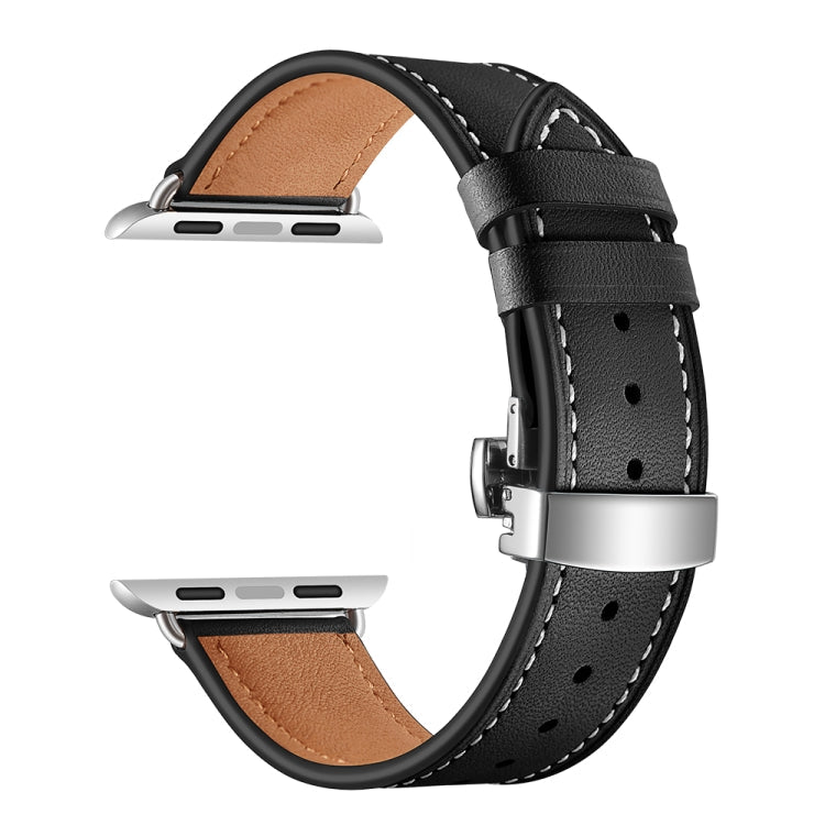 Rynx | Genuine Leather + Butterfly Silver Buckle Watch Band for Apple Watch Series 7 41mm / 6 & SE & 5 & 4 40mm / 3 & 2 & 1 38mm (Black)