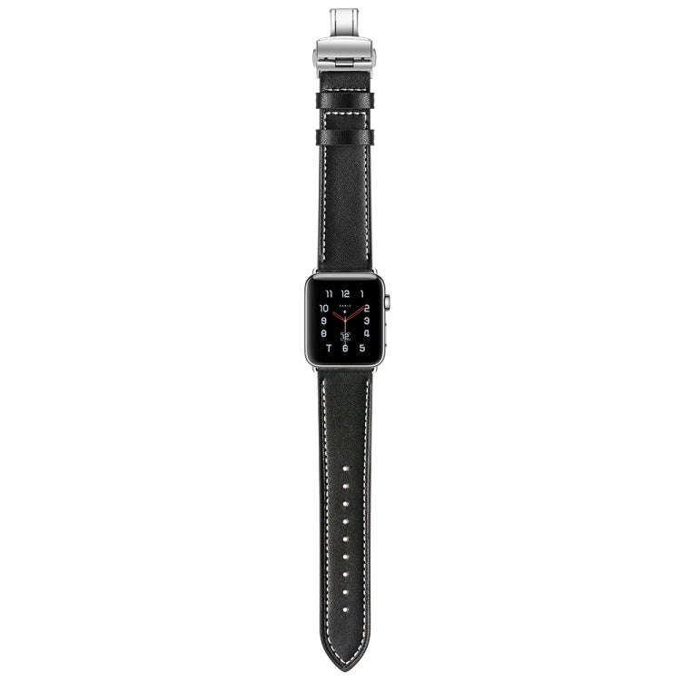 Rynx | Genuine Leather + Butterfly Silver Buckle Watch Band for Apple Watch Series 7 41mm / 6 & SE & 5 & 4 40mm / 3 & 2 & 1 38mm (Black)