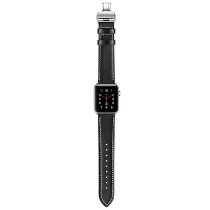 Rynx | Genuine Leather + Butterfly Silver Buckle Watch Band for Apple Watch Series 7 41mm / 6 & SE & 5 & 4 40mm / 3 & 2 & 1 38mm (Black)