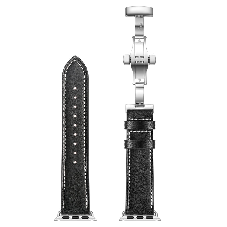 Rynx | Genuine Leather + Butterfly Silver Buckle Watch Band for Apple Watch Series 7 41mm / 6 & SE & 5 & 4 40mm / 3 & 2 & 1 38mm (Black)