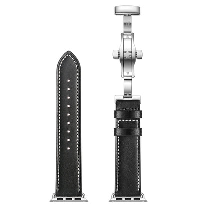 Rynx | Genuine Leather + Butterfly Silver Buckle Watch Band for Apple Watch Series 7 41mm / 6 & SE & 5 & 4 40mm / 3 & 2 & 1 38mm (Black)