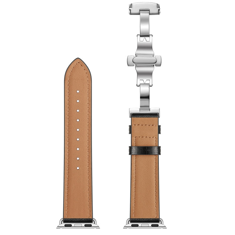 Rynx | Genuine Leather + Butterfly Silver Buckle Watch Band for Apple Watch Series 7 41mm / 6 & SE & 5 & 4 40mm / 3 & 2 & 1 38mm (Black)