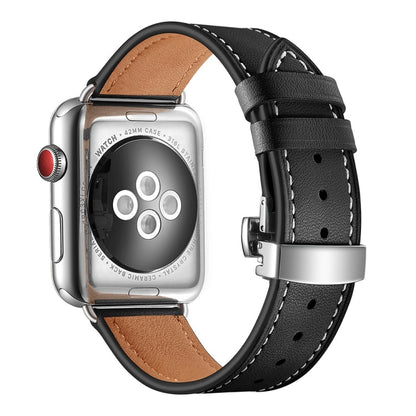 Rynx | Genuine Leather + Butterfly Silver Buckle Watch Band for Apple Watch Series 7 41mm / 6 & SE & 5 & 4 40mm / 3 & 2 & 1 38mm (Black)