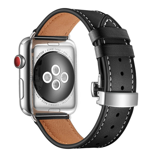 Rynx | Genuine Leather + Butterfly Silver Buckle Watch Band for Apple Watch Series 7 41mm / 6 & SE & 5 & 4 40mm / 3 & 2 & 1 38mm (Black)