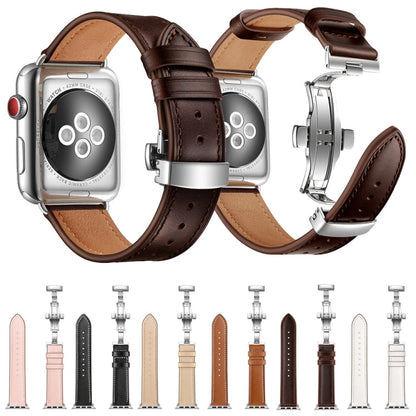 Rynx | Genuine leather + butterfly silver buckle watch band for Apple Watch Series 7 41mm / 6 & SE & 5 & 4 40mm / 3 & 2 & 1 38mm (White)