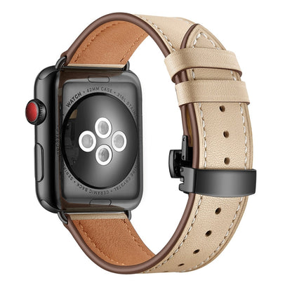 Rynx | Genuine Leather + Butterfly Black Buckle Watch Band for Apple Watch Series 7 45mm / 6 & SE & 5 & 4 44mm / 3 & 2 & 1 42mm (Apricot)
