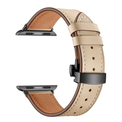 Rynx | Genuine Leather + Butterfly Black Buckle Watch Band for Apple Watch Series 7 45mm / 6 & SE & 5 & 4 44mm / 3 & 2 & 1 42mm (Apricot)