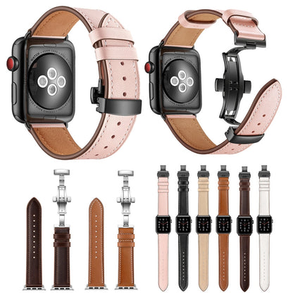Rynx | Genuine Leather + Butterfly Black Buckle Watch Band for Apple Watch Series 7 45mm / 6 & SE & 5 & 4 44mm / 3 & 2 & 1 42mm (Apricot)