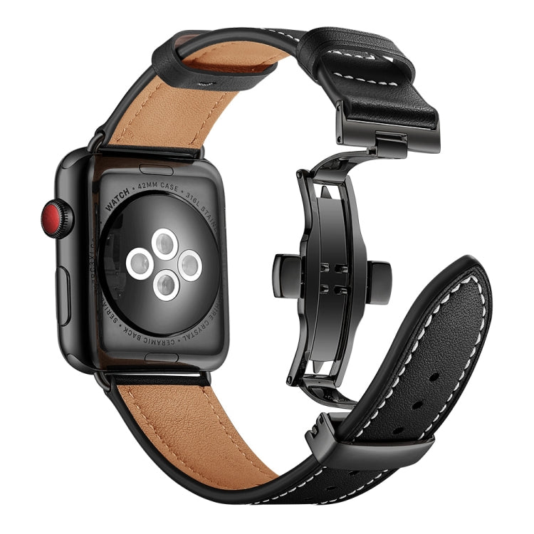 Rynx | Genuine Leather + Butterfly Black Buckle Watch Strap for Apple Watch Series 9&8&7 41mm / SE 3&SE 2&6&SE&5&4 40mm / 3&2&1 38mm (Black)
