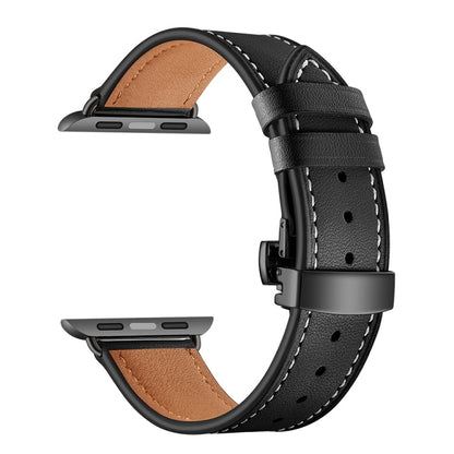 Rynx | Genuine Leather + Butterfly Black Buckle Watch Strap for Apple Watch Series 9&8&7 41mm / SE 3&SE 2&6&SE&5&4 40mm / 3&2&1 38mm (Black)