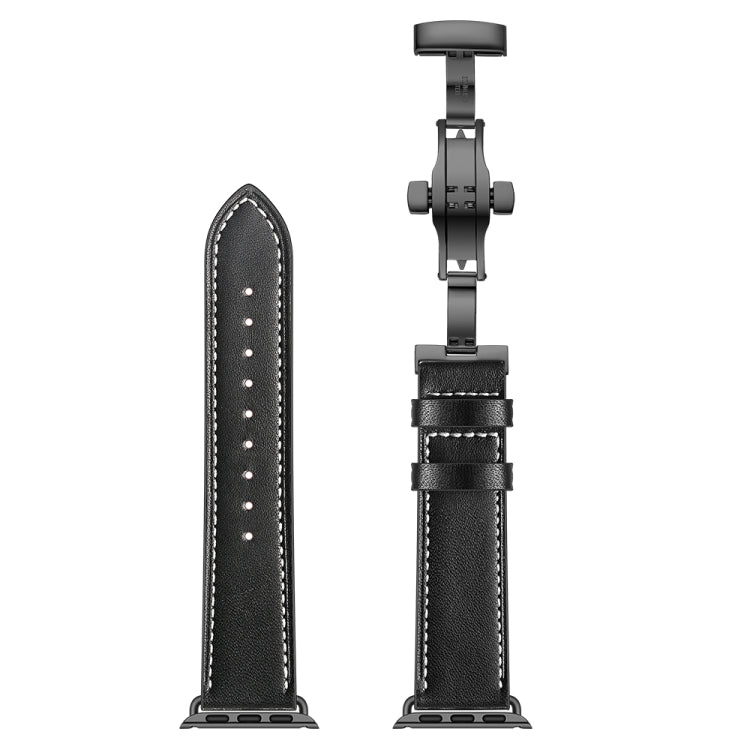 Rynx | Genuine Leather + Butterfly Black Buckle Watch Strap for Apple Watch Series 9&8&7 41mm / SE 3&SE 2&6&SE&5&4 40mm / 3&2&1 38mm (Black)
