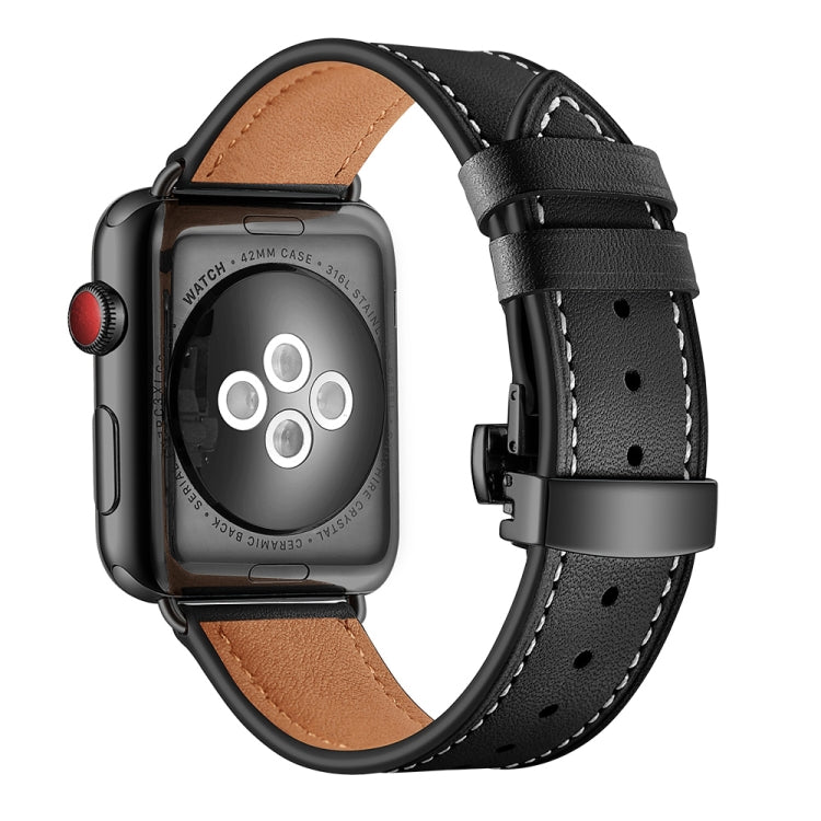 Rynx | Genuine Leather + Butterfly Black Buckle Watch Strap for Apple Watch Series 9&8&7 41mm / SE 3&SE 2&6&SE&5&4 40mm / 3&2&1 38mm (Black)