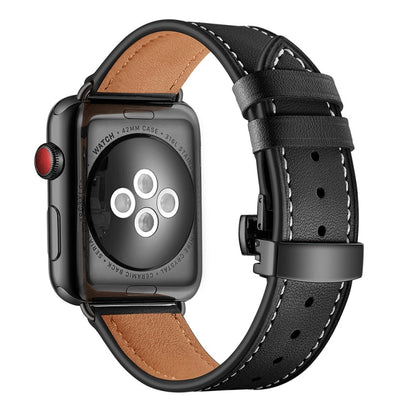 Rynx | Genuine Leather + Butterfly Black Buckle Watch Strap for Apple Watch Series 9&8&7 41mm / SE 3&SE 2&6&SE&5&4 40mm / 3&2&1 38mm (Black)