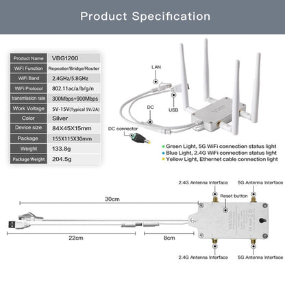 Rynx | VONETS VBG1200 300Mbps+900Mbps Dual-Band WLAN Router Repeater WIFI Base Station with 4 Antennas