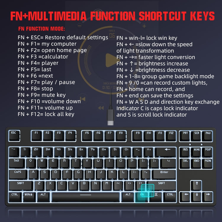 Rynx | HXSJ L600 87 Keys USB-C / Type-C Wired Red Switch Mechanical Keyboard with Cool Backlight (Black)