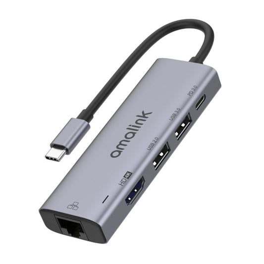 Rynx | amalink 95125D Type-C / USB-C to HDMI + RJ45 + 2 Ports USB + PD 3.0 Multifunction HUB (Gray)