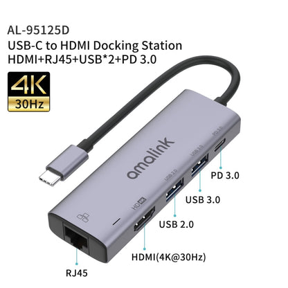 Rynx | amalink 95125D Type-C / USB-C to HDMI + RJ45 + 2 Ports USB + PD 3.0 Multifunction HUB (Gray)