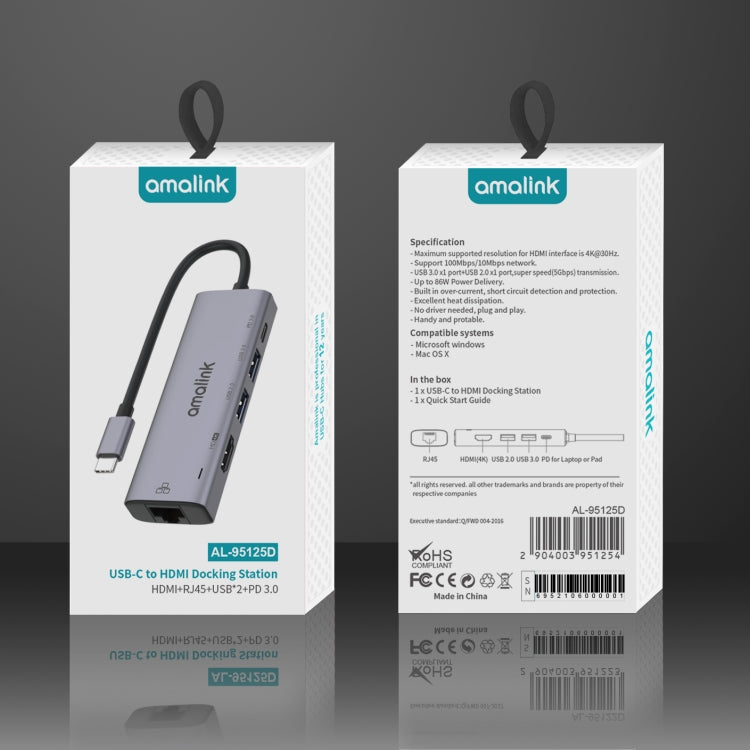 Rynx | amalink 95125D Type-C / USB-C to HDMI + RJ45 + 2 Ports USB + PD 3.0 Multifunction HUB (Gray)