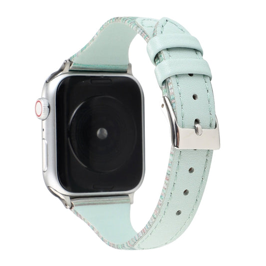 Rynx | For Apple Watch Ultra 49mm & Watch Ultra 2 49mm / Series 9 & 8 & 7 45mm / SE 3 & SE 2 & 6 & SE & 5 & 4 44mm / 3 & 2 & 1 42mm Stitching Stripe Genuine Leather Watch Band Watch Band (Green)