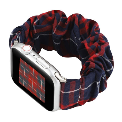 Rynx | For Apple Watch Series 7 45mm / 6 & SE & 5 & 4 44mm / 3 & 2 & 1 42mm Fabric + Stainless Steel Hair Ring Watch Band (Red Blue Check Pattern)