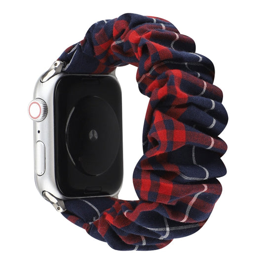 Rynx | For Apple Watch Series 7 45mm / 6 & SE & 5 & 4 44mm / 3 & 2 & 1 42mm Fabric + Stainless Steel Hair Ring Watch Band (Red Blue Check Pattern)