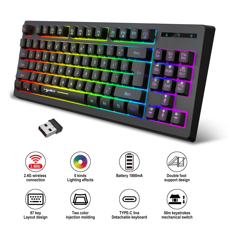 Rynx | HXSJ L100 87 Keys RGB Backlit Film 2.4G Wireless Keyboard (Black)