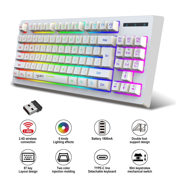 Rynx | HXSJ L100 87 Keys RGB Backlit Film 2.4G Wireless Keyboard (White)