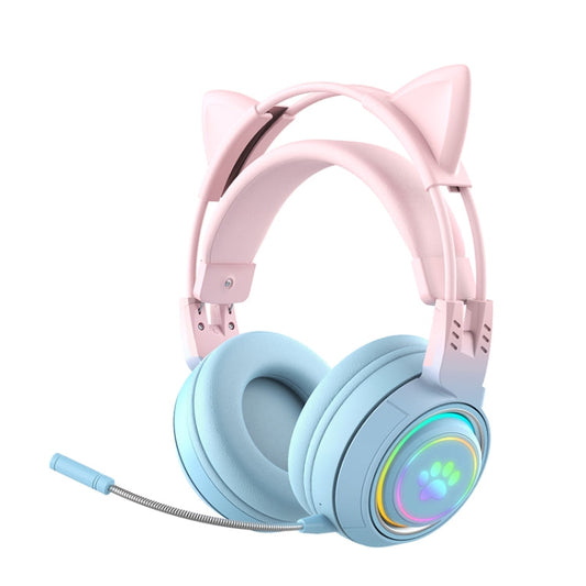 RYNX | T25 RGB Stereo Cat Ear Bluetooth Wireless Headphones with Detachable Microphone(Pink+Blue)