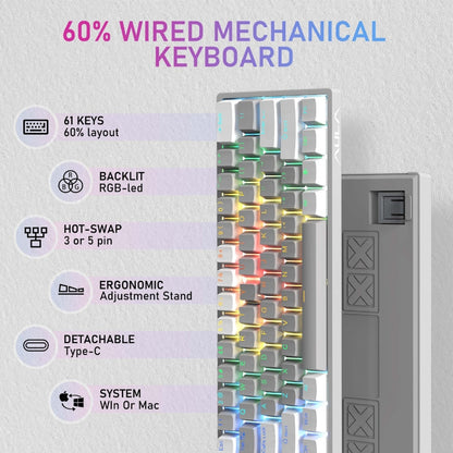 Rynx | AULA F3261 Type-C Wired Hot Swappable 61 Keys RGB Mechanical Keyboard (White Gray Green Shaft)