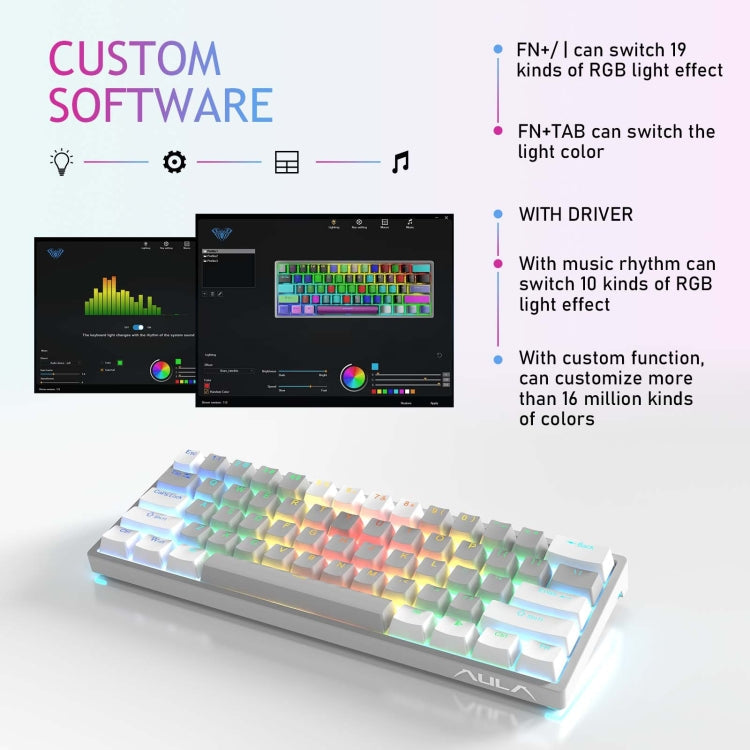 Rynx | AULA F3261 Type-C Wired Hot Swappable 61 Keys RGB Mechanical Keyboard (White Gray Green Shaft)