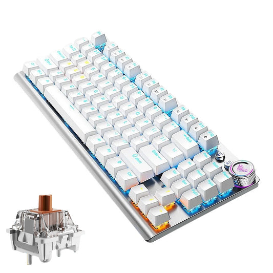Rynx | AULA F3001 Backlit 87 Keys Wired/Wireless/Bluetooth Three Model Mechanical Gaming Keyboard (Silver White Tea Shaft)