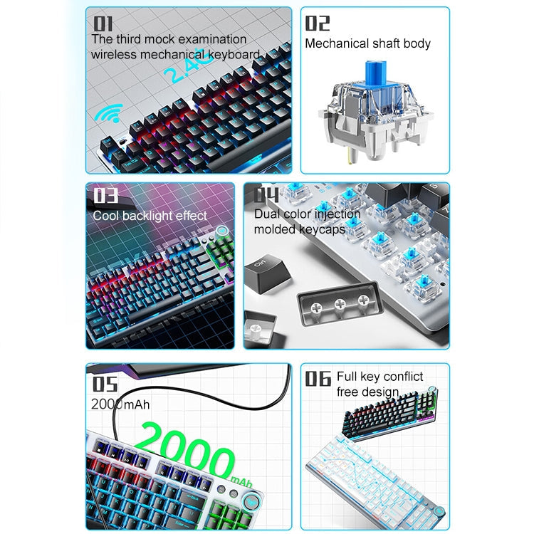 Rynx | AULA F3001 Backlit 87 Keys Wired/Wireless/Bluetooth Three Model Mechanical Gaming Keyboard (Silver White Green Shaft)