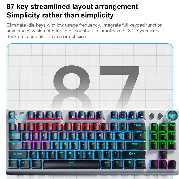Rynx | AULA F3001 Backlit 87 Keys Wired/Wireless/Bluetooth Three Model Mechanical Gaming Keyboard (Silver White Tea Shaft)