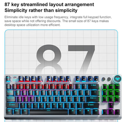 Rynx | AULA F3001 Backlit 87 Keys Wired/Wireless/Bluetooth Three Model Mechanical Gaming Keyboard (Silver White Tea Shaft)