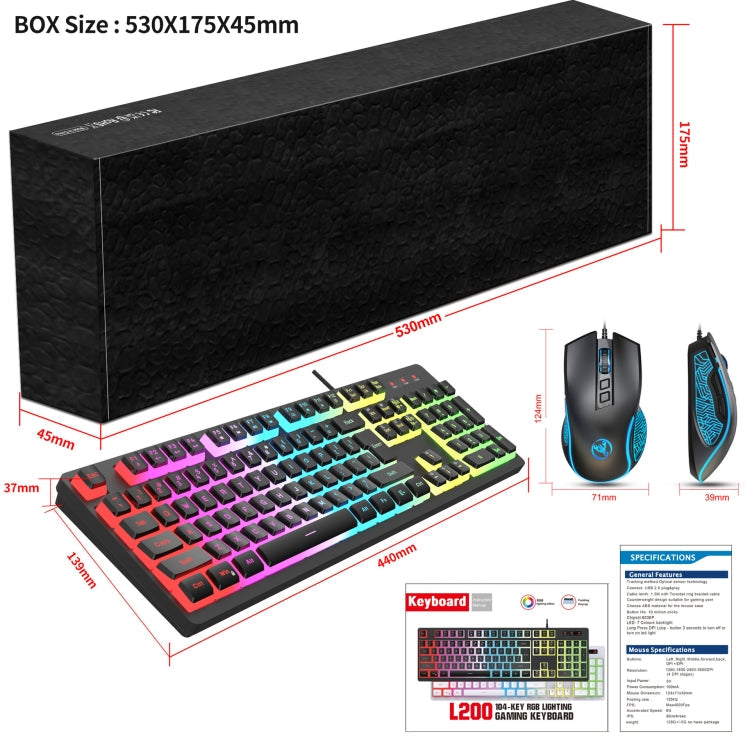 Rynx | HXSJ L200+X100 Wired RGB Backlight Keyboard and Mouse Set 104 Pudding Keycaps + 3600DPI Mouse (Black)