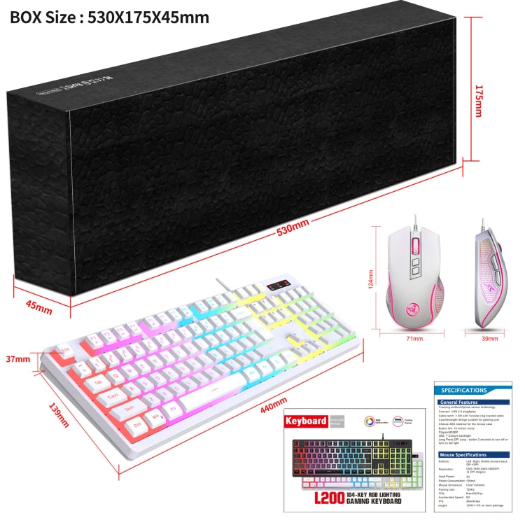 Rynx | HXSJ L200+X100 Wired RGB Backlit Keyboard and Mouse Set 104 Pudding Keycaps + 3600DPI Mouse (White)