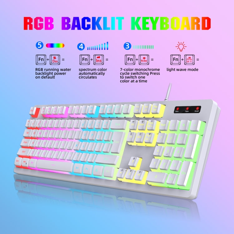 Rynx | HXSJ L200+X100 Wired RGB Backlit Keyboard and Mouse Set 104 Pudding Keycaps + 3600DPI Mouse (White)