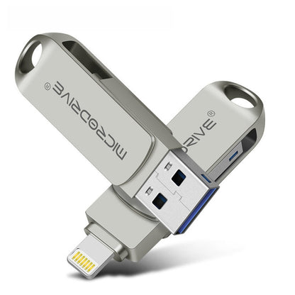 Rynx | MicroDrive 2 In 1  8 Pin + USB 2.0 Portable Metal USB Flash Drive, Capacity: 128GB (Silver)