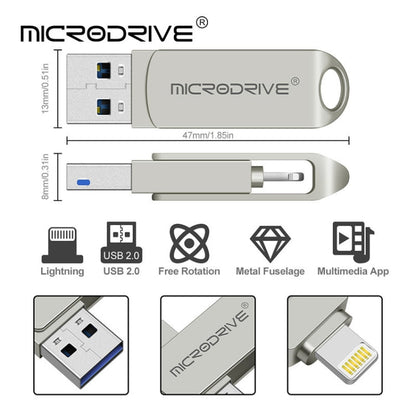 Rynx | MicroDrive 2 In 1  8 Pin + USB 2.0 Portable Metal USB Flash Drive, Capacity: 128GB (Silver)