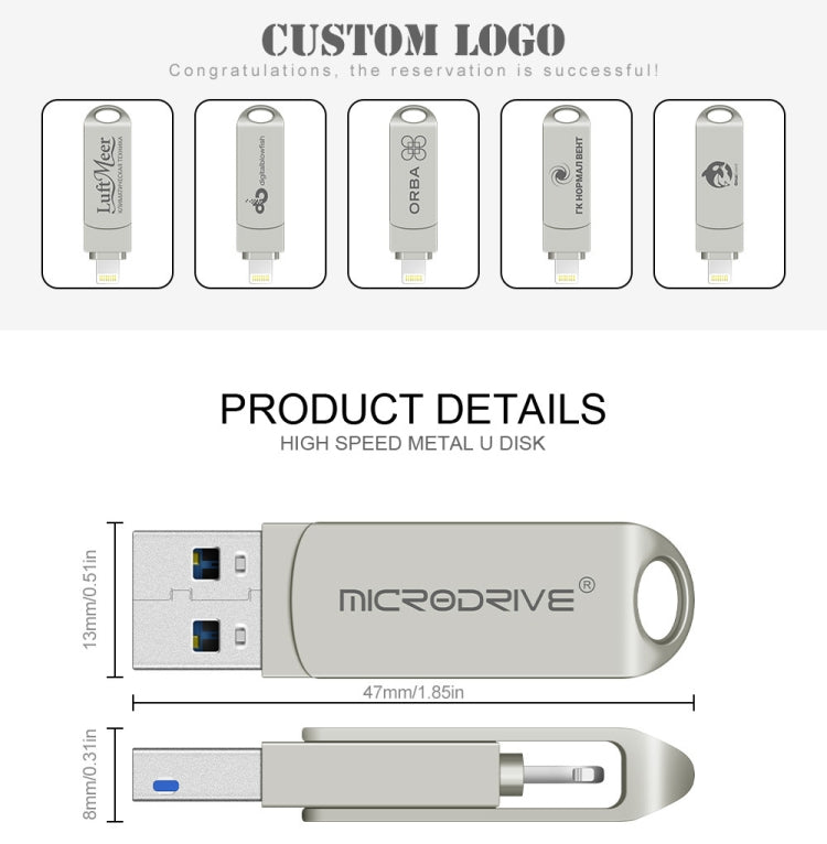 Rynx | MicroDrive 2 In 1  8 Pin + USB 2.0 Portable Metal USB Flash Drive, Capacity: 128GB (Silver)