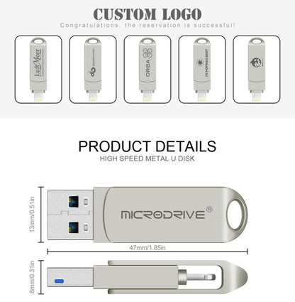 Rynx | MicroDrive 2 In 1  8 Pin + USB 2.0 Portable Metal USB Flash Drive, Capacity: 128GB (Silver)