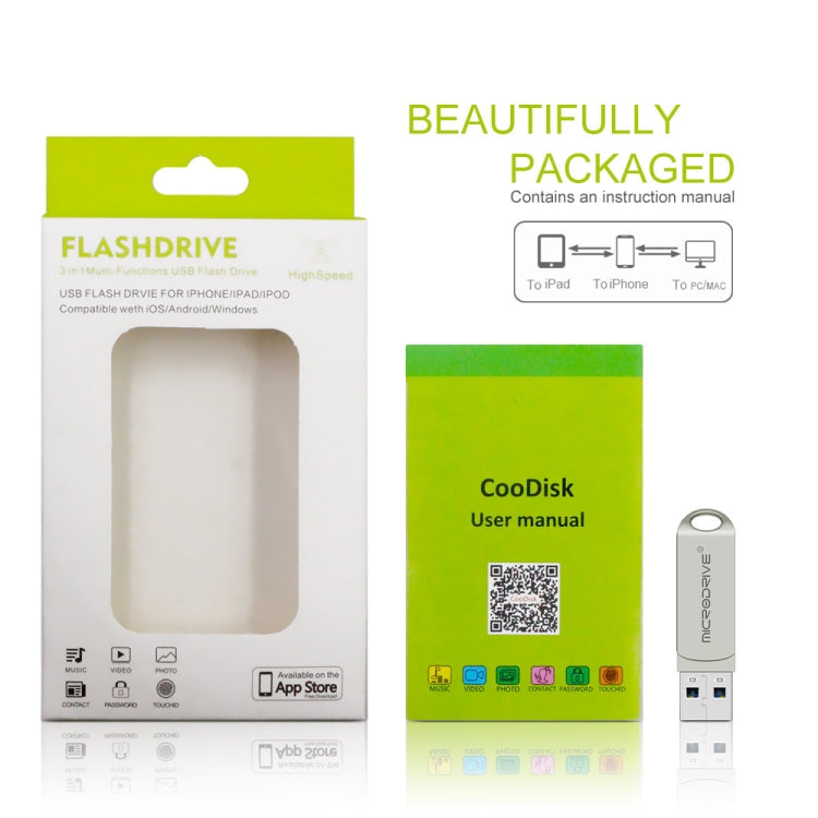 Rynx | MicroDrive 2 In 1  8 Pin + USB 2.0 Portable Metal USB Flash Drive, Capacity: 128GB (Silver)