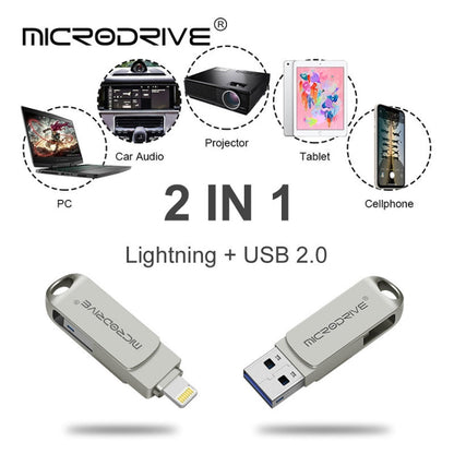 Rynx | MicroDrive 2 In 1  8 Pin + USB 2.0 Portable Metal USB Flash Drive, Capacity: 128GB (Silver)