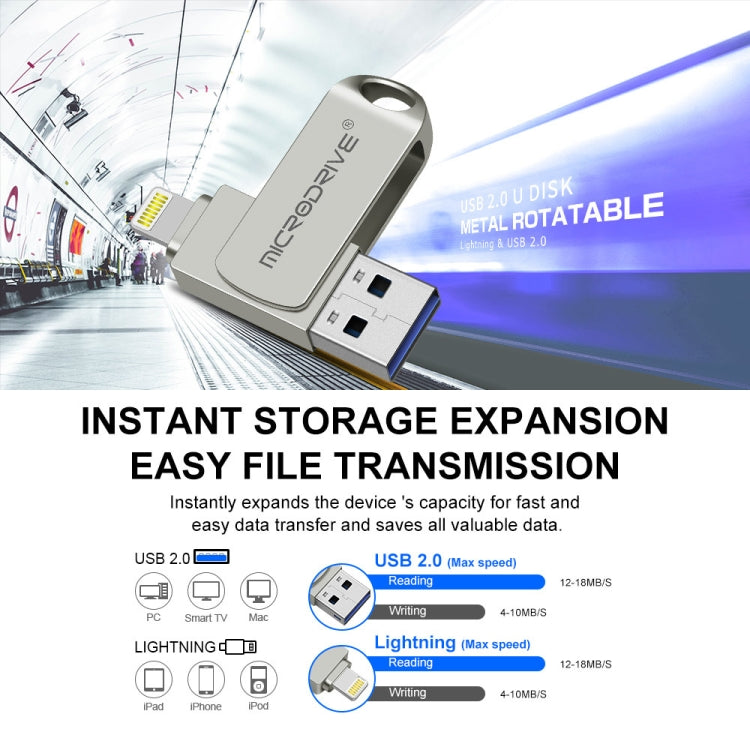 Rynx | MicroDrive 2 In 1  8 Pin + USB 2.0 Portable Metal USB Flash Drive, Capacity: 128GB (Silver)