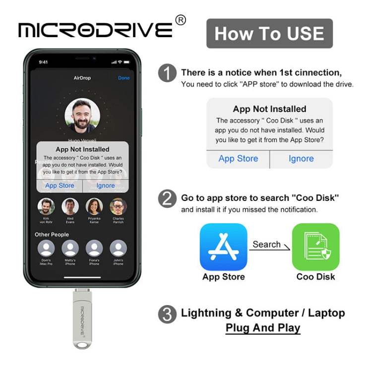 Rynx | MicroDrive 2 In 1  8 Pin + USB 2.0 Portable Metal USB Flash Drive, Capacity: 128GB (Silver)