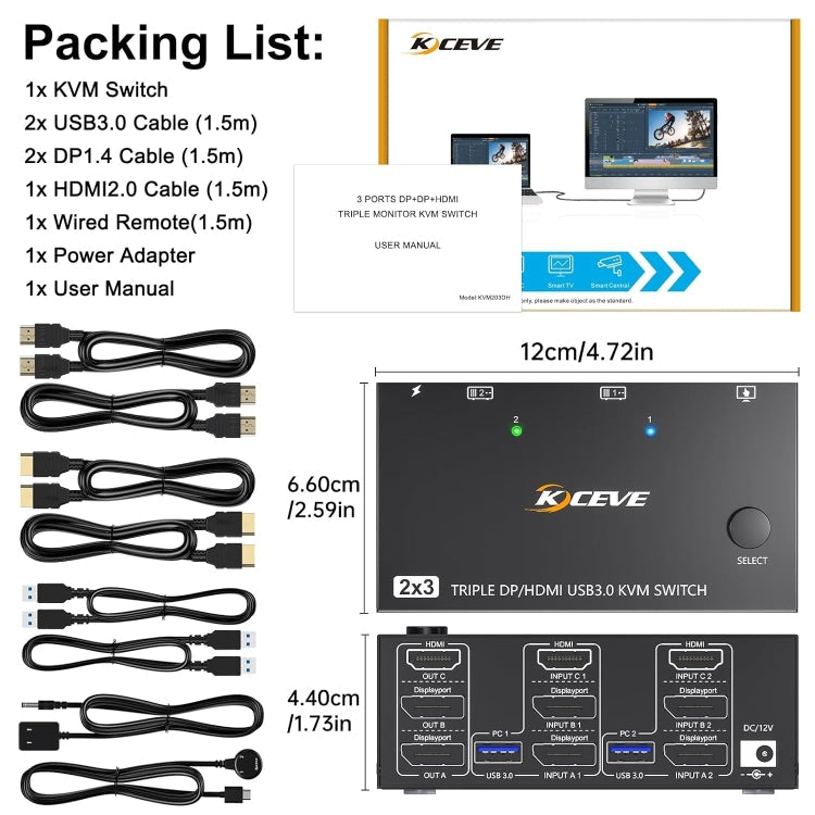 Rynx | KC-KVM203DH 8K 30Hz USB3.0 DP+DP+HDMI Triple Monitors KVM Switch, US Plug