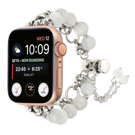 Rynx | For Apple Watch Series 9 45mm Pearl Chain Metal Strap Watch Band (White Silver)